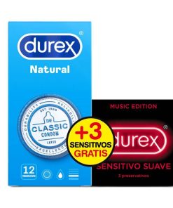 DUREX NATURAL PLUS + DUREX SENSITIVO CONFORT PRESERVATIVOS 12 + 3 PRESERVATIVOS PACK